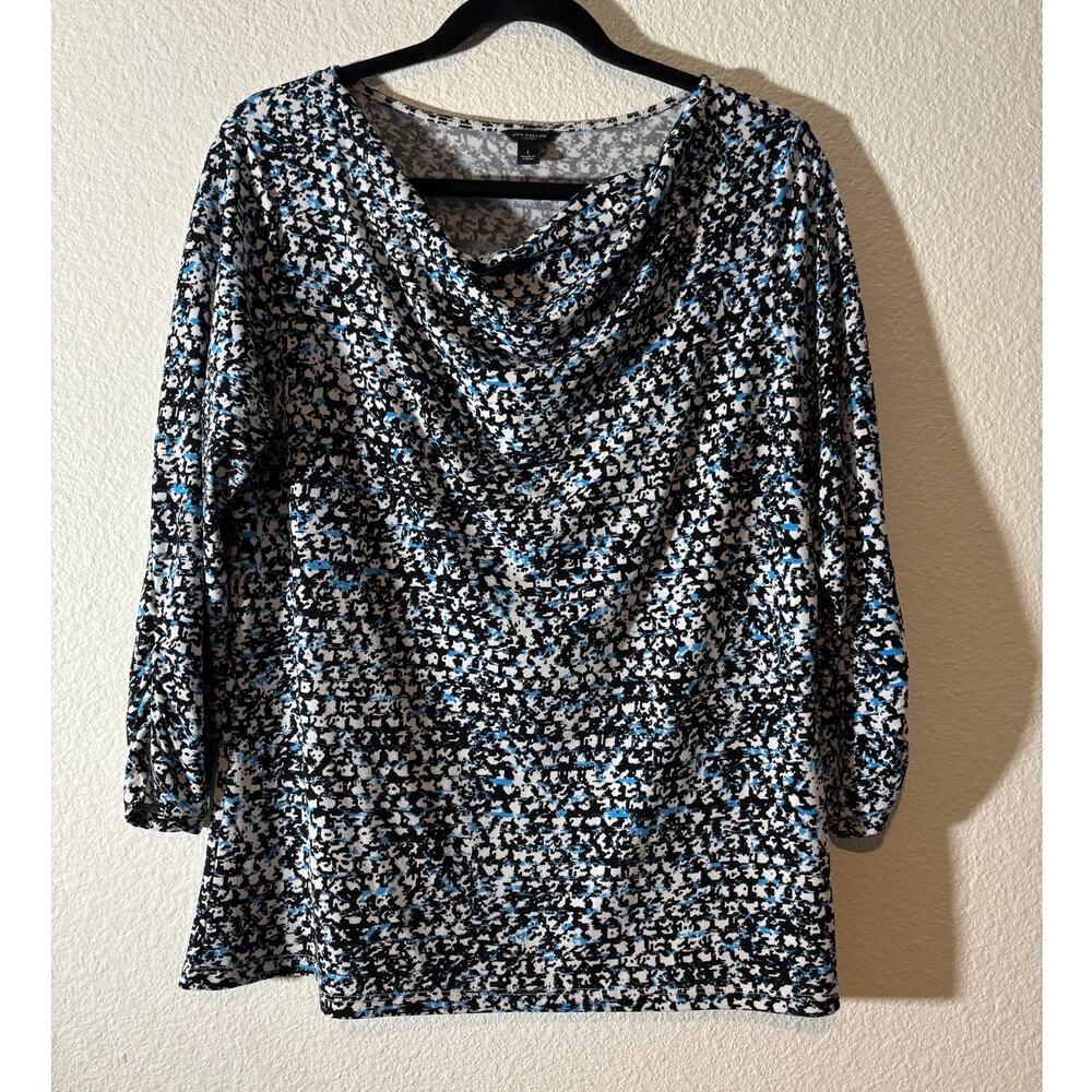 Ann Taylor Women's Size L Blue Black Abstract Cowl Neck 3/4 Sleeves Blouse Top